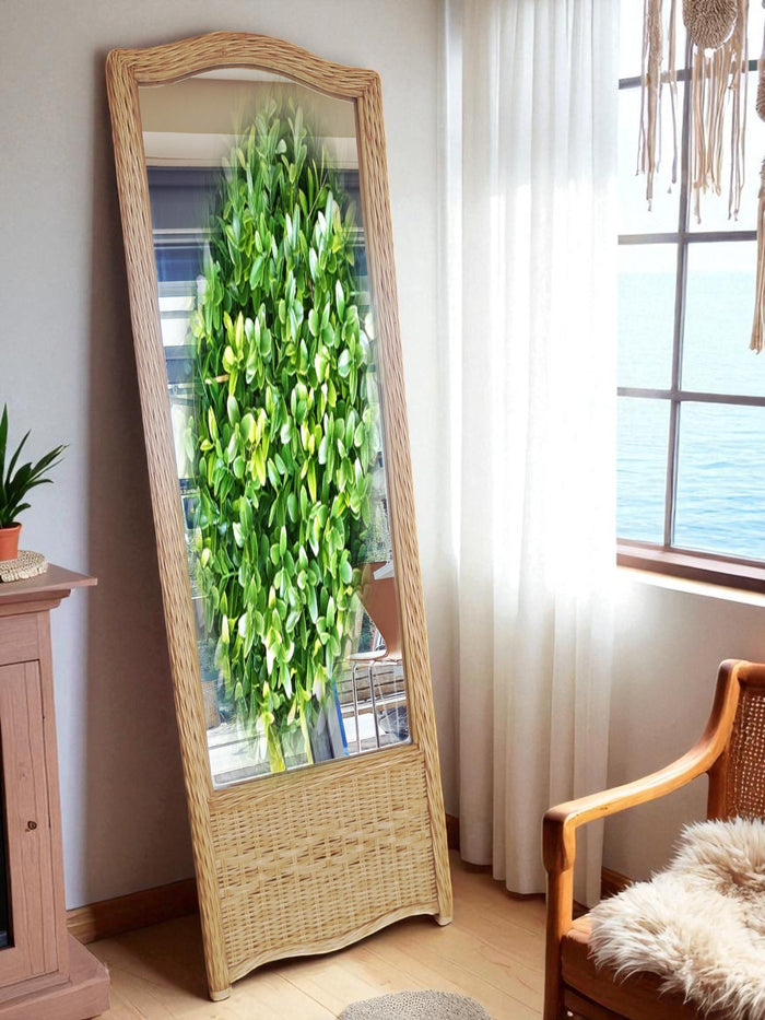 Vintage  Full Length Cheval Mirror – Boho Wicker Rattan Frame + Wooden Stand 1970's
