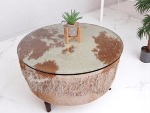 Vintage African Drum Coffee Table Cowhide Table Glass Top LARGE 1960