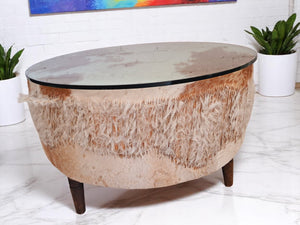 Vintage African Drum Coffee Table Cowhide Table Glass Top LARGE 1960
