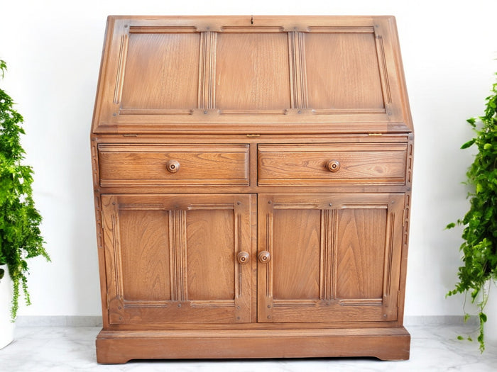 Vintage Ercol 867 Writing Bureau Connoisseur Desk Home Office Work Station Cocktail Cabinet Solid Elm Mid Century FREE DELIVERY