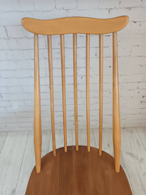 Vintage Ercol Goldsmith Dining Chairs + Carvers x 6 - Light Elm Mid Century Chairs VGC