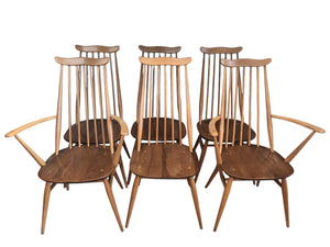 Vintage Ercol Goldsmith Dining Chairs + Carvers x 6 - Light Elm Mid Century Chairs VGC