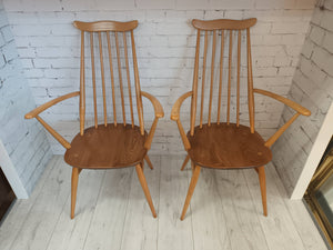 Vintage Ercol Goldsmith Dining Chairs + Carvers x 6 - Light Elm Mid Century Chairs VGC