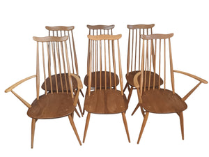 Vintage Ercol Goldsmith Dining Chairs + Carvers x 6 - Light Elm Mid Century Chairs VGC