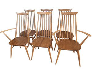 Vintage Ercol Goldsmith Dining Chairs + Carvers x 6 - Light Elm Mid Century Chairs VGC