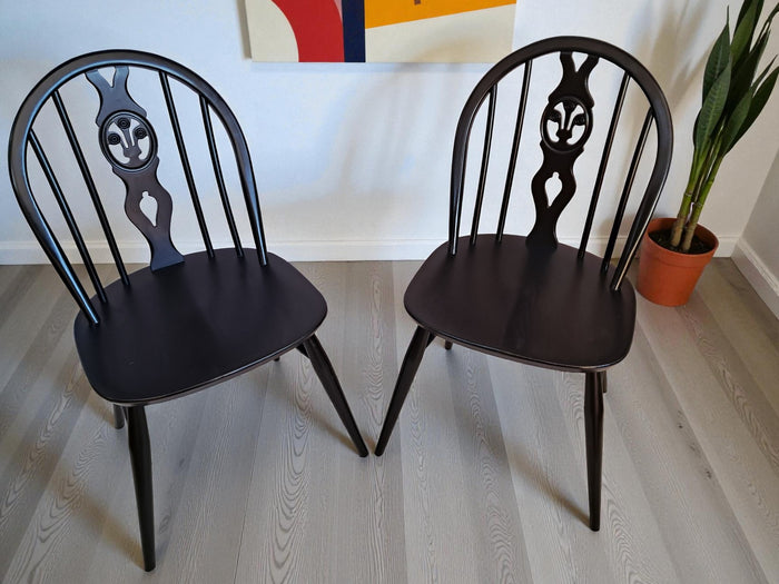Mid Century Ercol Swan Dining Chairs x 2 - Black Vintage Chairs Restored 1960