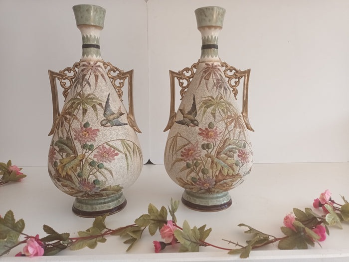 Antique Pair Royal Bonn Vases Cloisonné Franz Anton Mehlem Birds 1880's