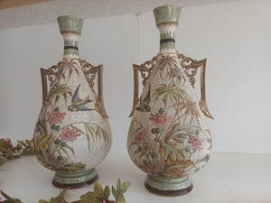 Antique Pair Royal Bonn Vases Cloisonné Franz Anton Mehlem Birds 1880's