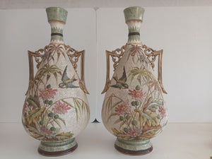 Antique Pair Royal Bonn Vases Cloisonné Franz Anton Mehlem Birds 1880's