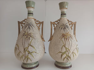 Antique Pair Royal Bonn Vases Cloisonné Franz Anton Mehlem Birds 1880's