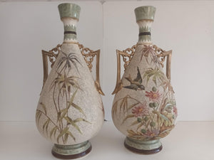 Antique Pair Royal Bonn Vases Cloisonné Franz Anton Mehlem Birds 1880's