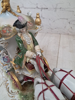 Vintage German Scheibe Alsbach Porcelain Horse & Carriage Figurine LARGE Rococo Coach 1930's
