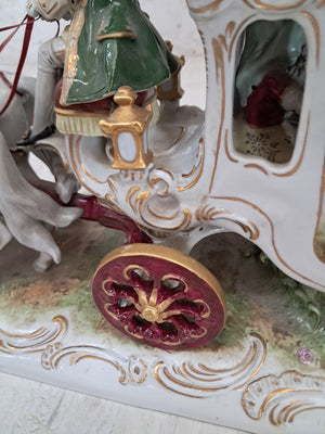 Vintage German Scheibe Alsbach Porcelain Horse & Carriage Figurine LARGE Rococo Coach 1930's
