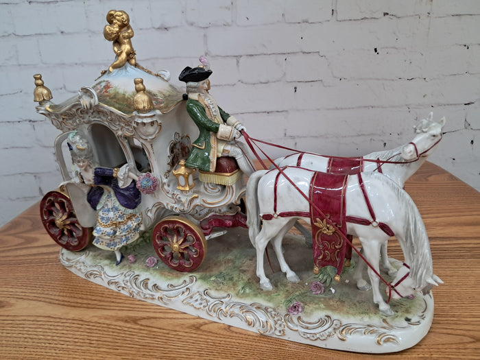 Vintage German Scheibe Alsbach Porcelain Horse & Carriage Figurine LARGE Rococo Coach 1930's