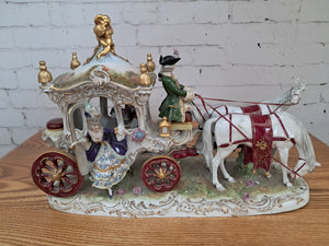 Vintage German Scheibe Alsbach Porcelain Horse & Carriage Figurine LARGE Rococo Coach 1930's