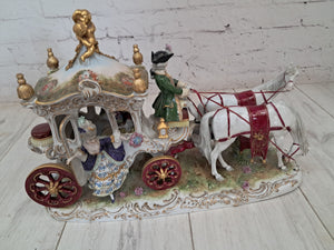 Vintage German Scheibe Alsbach Porcelain Horse & Carriage Figurine LARGE Rococo Coach 1930's