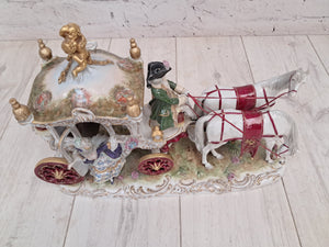 Vintage German Scheibe Alsbach Porcelain Horse & Carriage Figurine LARGE Rococo Coach 1930's