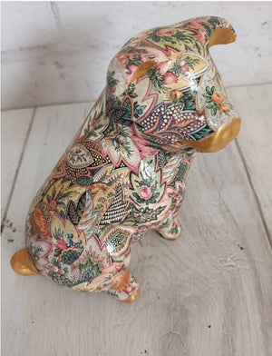 Vintage Ceramic Pig Statue Decoupage Floral Pottery Medium Rare Collectable Gold