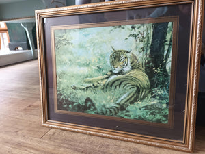 Vintage KITSCH TIGER Laying in Jungle Tiger Picture Retro Mid Century Modern by Silvia Duran ORIGINAL 1960's