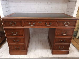 Antique Style Desk Walnut Wooden Twin Pedestal Desk Vintage Partners Desk Leather Top