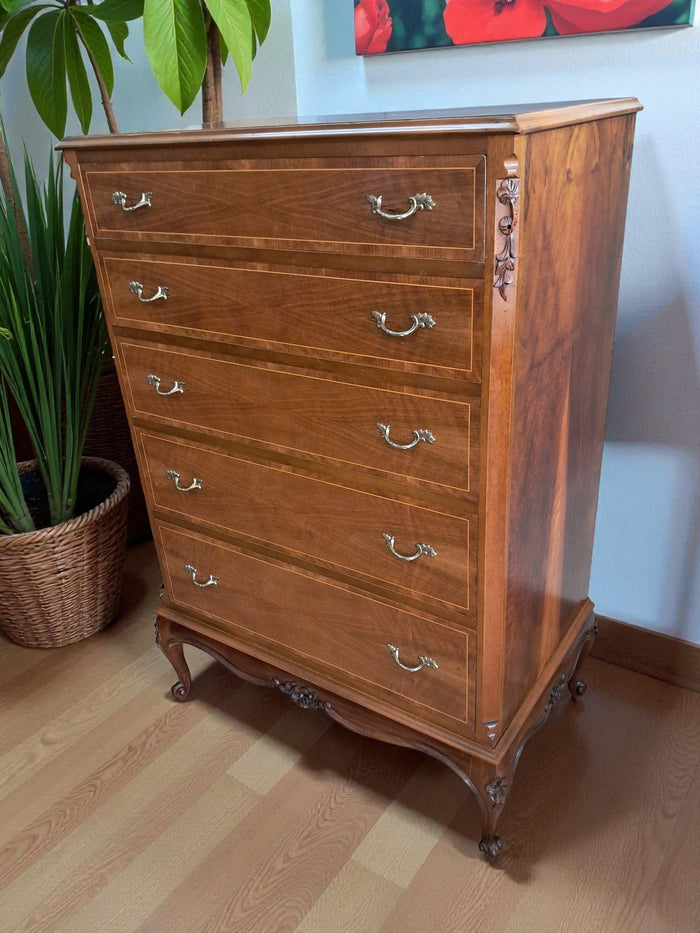 Antique Tall Boy Chest of Drawers Inlaid Wood French Louis XV Restored 1950