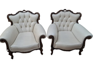 Vintage Pair Baroque Armchairs Lounge Chair Louis XV Leather Buttoned Chesterfield 1980