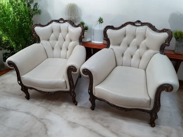 Vintage Pair Baroque Armchairs Lounge Chair Louis XV Leather Buttoned Chesterfield 1980