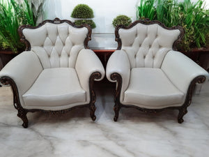 Vintage Pair Baroque Armchairs Lounge Chair Louis XV Leather Buttoned Chesterfield 1980