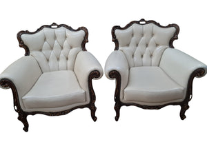 Vintage Pair Baroque Armchairs Lounge Chair Louis XV Leather Buttoned Chesterfield 1980