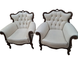 Vintage Pair Baroque Armchairs Lounge Chair Louis XV Leather Buttoned Chesterfield 1980