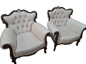 Vintage Pair Baroque Armchairs Lounge Chair Louis XV Leather Buttoned Chesterfield 1980