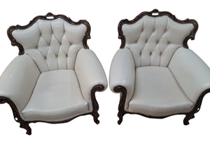 Vintage Pair Baroque Armchairs Lounge Chair Louis XV Leather Buttoned Chesterfield 1980