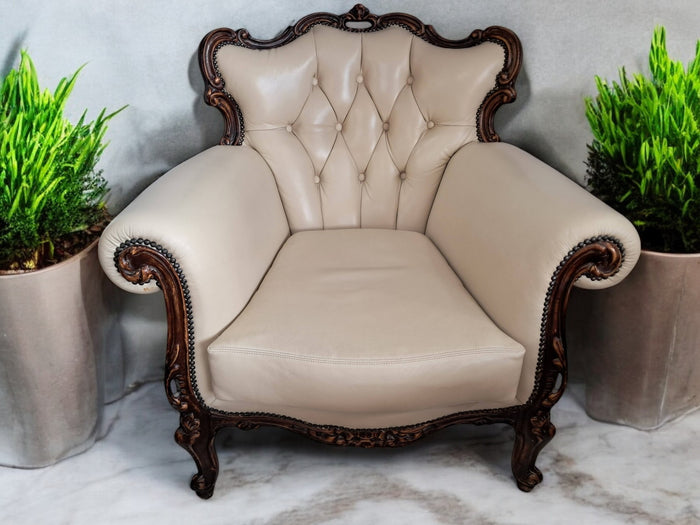 Vintage Baroque Armchair Lounge Chair Louis XV Leather Buttoned Chesterfield 1980