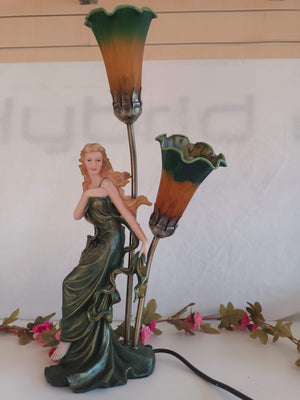 Vintage Art Deco Table Lamp Lady Figurine Tulip Shades Art Nouveau