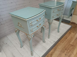 Vintage Pair Bedside Cabinets Drawers French Country Style Louis XV Mint & Gold Antique