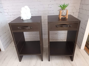 Pair Leather Bedside Tables Cabinets | Bedside Drawers Designer Vintage Industrial Style
