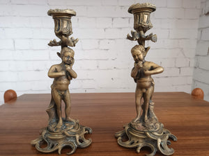 Antique Brass Ornate Pair Cherub Candlesticks Baroque Candle Holder Victorian