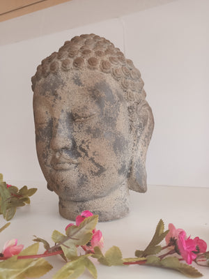Vintage LARGE Head of Buddha Art Sculpture Bust Antique Buddha Head Sandstone Style Garden Statue Buddha 1980