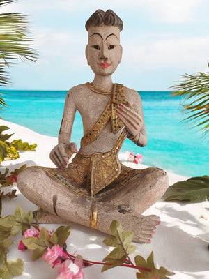 Vintage Buddha Monk Wooden Sculpture LARGE Indian Thai Art Hindu Antique Sitting Buddhist 1970