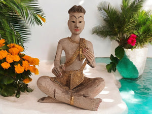 Vintage Buddha Monk Wooden Sculpture LARGE Indian Thai Art Hindu Antique Sitting Buddhist 1970