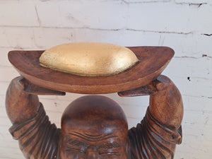 Vintage Lucky Wooden Laughing Buddha LARGE Hand Carved on World Golden Nugget