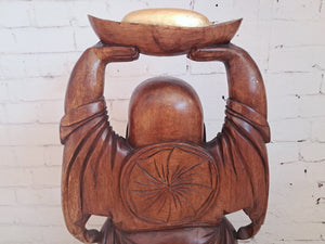 Vintage Lucky Wooden Laughing Buddha LARGE Hand Carved on World Golden Nugget