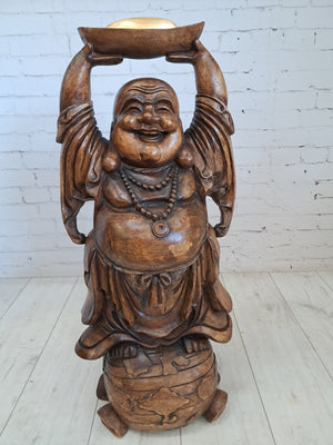 Vintage Lucky Wooden Laughing Buddha LARGE Hand Carved on World Golden Nugget