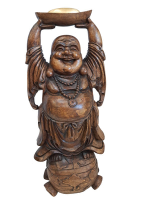Vintage Lucky Wooden Laughing Buddha LARGE Hand Carved on World Golden Nugget