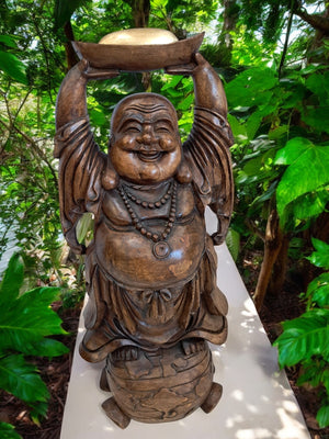Vintage Lucky Wooden Laughing Buddha LARGE Hand Carved on World Golden Nugget