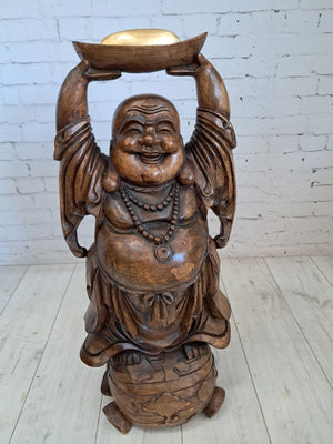 Vintage Lucky Wooden Laughing Buddha LARGE Hand Carved on World Golden Nugget