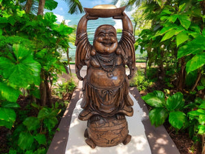 Vintage Lucky Wooden Laughing Buddha LARGE Hand Carved on World Golden Nugget