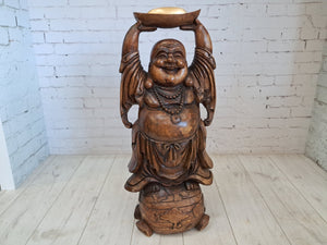 Vintage Lucky Wooden Laughing Buddha LARGE Hand Carved on World Golden Nugget