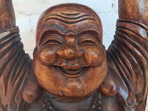 Vintage Lucky Wooden Laughing Buddha LARGE Hand Carved on World Golden Nugget