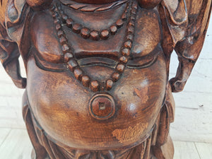 Vintage Lucky Wooden Laughing Buddha LARGE Hand Carved on World Golden Nugget